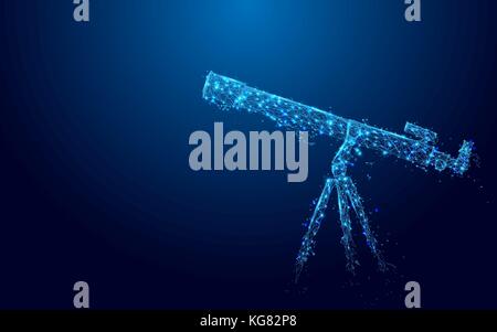 Telescope from lines and triangles, point connecting network on blue background. Illustration vector Stock Vector