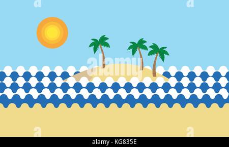 View of a tropical sandy beach with green palm trees on the sea shore with an island with hills and mountains covered palm trees under a summer blue s Stock Vector