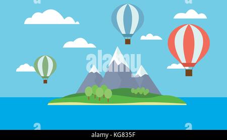 View of balloons flying over the island with mountains in the sea with blue sky and clouds - Vector Stock Vector