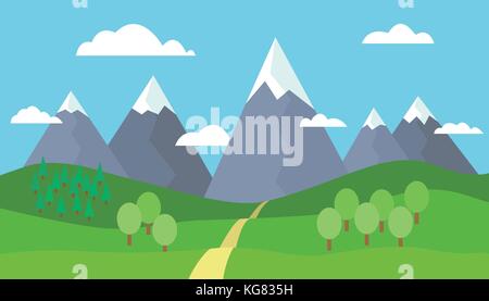 Panoramic cartoon mountain landscape with blue sky, white clouds, trees, snow on the peaks, hills and through the mountains - vector illustration, fla Stock Vector