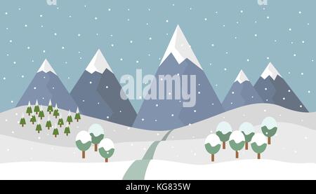 Cartoon snowy winter mountain landscape with snow and coniferous and deciduous trees and road to the mountains with snow covered peaks under the gray  Stock Vector