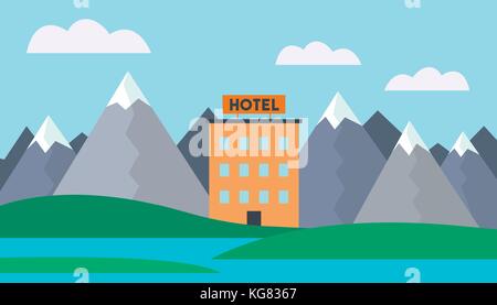 Realistic vector illustration of a mountain landscape with water and a hotel building on the shore of a lake under a blue sky with clouds - suitable f Stock Vector