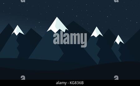 Mountain cartoon night landscape with hills and mountains with peaks under snow, light moon under dark night sky with stars with mist background - vec Stock Vector