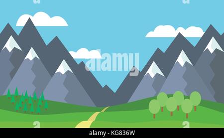 Panoramic cartoon mountain landscape with blue sky and white clouds, trees, snow on the peaks, hills and through the mountains - vector illustration,  Stock Vector