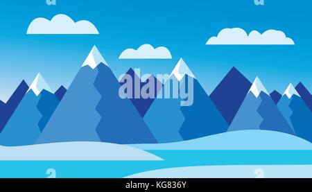 Vector illustration of a winter mountain landscape with a lake and snow under a cool blue sky with clouds Stock Vector