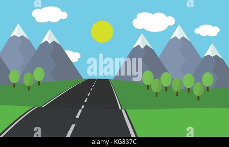 Cartoon flat design illustration of the asphalt road leading landscape with grass and trees in the mountains with snow under blue sky with cloud and s Stock Vector