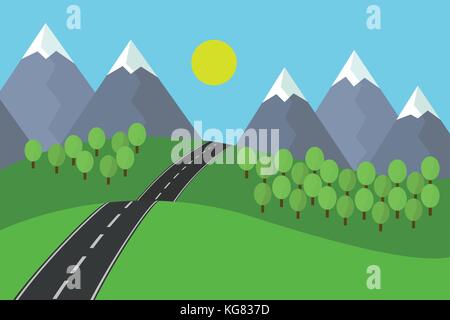 Cartoon view of the asphalt road leading landscape with grass and trees in the mountains with snow under blue sky with sun - vector Stock Vector