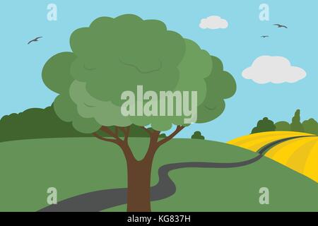 Cartoon colorful view of meadows and field around the road with bushes and tree with leaves under a clear sky with clouds and flying birds in summer o Stock Vector