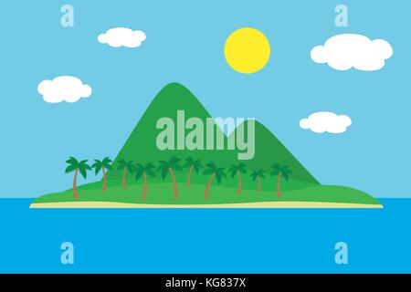 Cartoon colorful view of tropical island with beach under hills, mountains and palms in the middle of blue sea under clear sky with clouds and sun on  Stock Vector