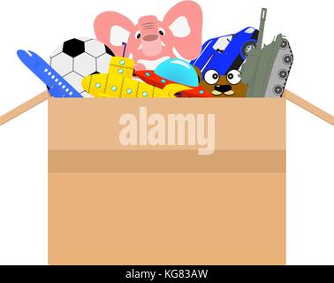 Vector cardboard box full of different kids toys Stock Vector