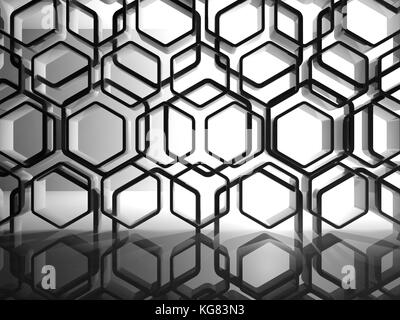 Abstract interior background with shiny black honeycomb installation, 3d render illustration Stock Photo