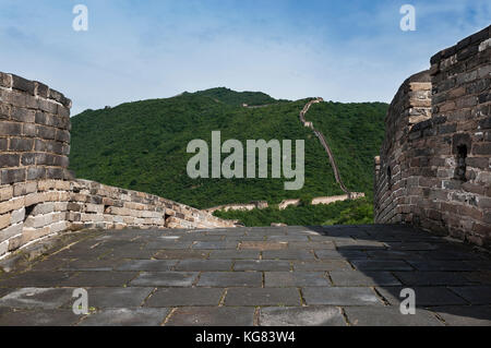View of a section of the Great Wall of China and the surrounding mountains in Mutianyu, China. Stock Photo