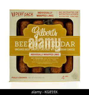 Winneconne, WI - 31 October 2017:  A package of Gilberts craft sausages on an isolated background. Stock Photo