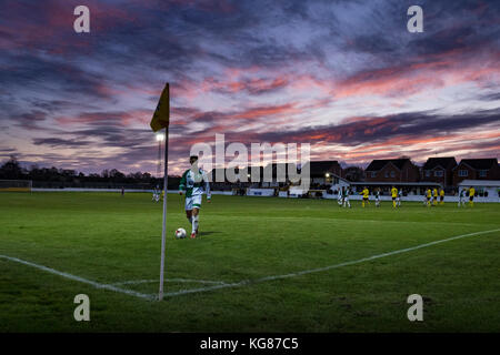 West Auckland, County Durham, UK. 4th November, 2017.  A Billingham Synthonia player takes a corner in their 4-0 away defeat to West Auckland in the Northern League Division 1 (c) Paul Swinney/Alamy Live News Stock Photo