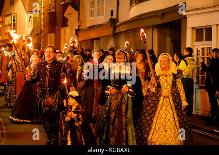 Lewes, UK - 4 November 2017: Participants from Borough Bonfire Society in torchlit processions at Lewes Bonfire night. Credit: Scott Hortop/Alamy Live News Stock Photo