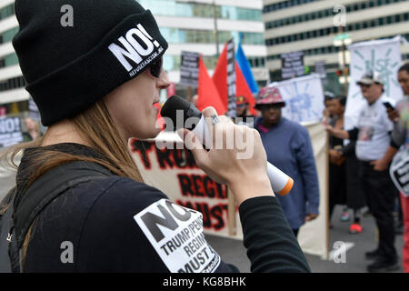 Philadelphia, United States. 04th Nov, 2017. Protestors take the Center City streets during a Refuse Fascism march protesting the Trump/Pence administration, on November 4, 2017, in Philadelphia, PA. Credit: Bastiaan Slabbers/Alamy Live News Stock Photo