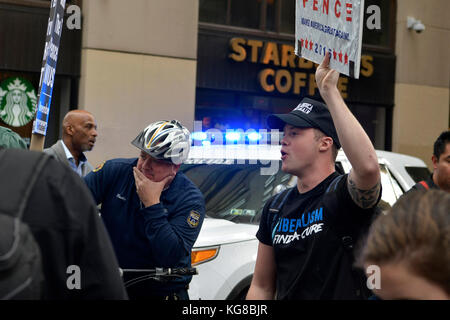 Philadelphia, United States. 04th Nov, 2017. In an attempt to provoke an altercation Trump supporters follow in close proximity of a Anti-Trump/Pence Refuse Fascism march, on November 4, 2017, in Philadelphia, PA. Credit: Bastiaan Slabbers/Alamy Live News Stock Photo