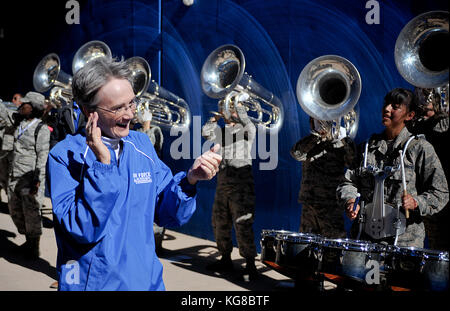 November 4, 2017: United States Secretary of the Air Force, Heather Wilson, enjoys pre-game festivities with the Falcon Drum & Bugle Corps prior to the NCAA Football game between the Army West Point Black Knights and the Air Force Academy Falcons at Falcon Stadium, United States Air Force Academy, Colorado Springs, Colorado. Army West Point defeats Air Force 21-0. Stock Photo