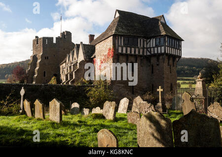 Stokesay Castle from St. John the Baptist churchyard, Stokesay, Shropshire, England, UK Stock Photo