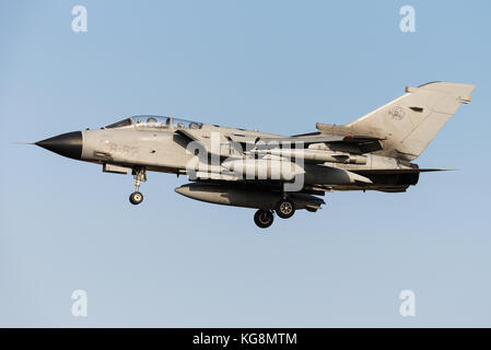 A Panavia Tornado fighter jet of the 6º Stormo squadron of the Italian Air Force is ready to land at the Kleine Brogel Air Base in Belgium. Stock Photo