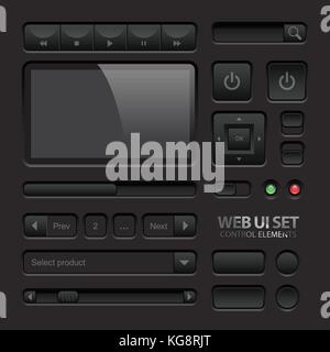 Black Web UI Elements. Buttons, Switches, bars, power buttons, sliders. Vector illustration Stock Vector