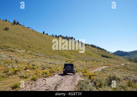 Exploring the wilderness on summer vacation with a rear view of a 4WD vehicle driving through scenic mountains on a dirt track Stock Photo