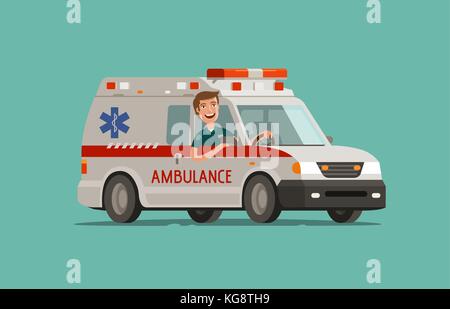 Happy medic goes on car. Ambulance service, emergency care, hospital concept. Medicine vector illustration Stock Vector