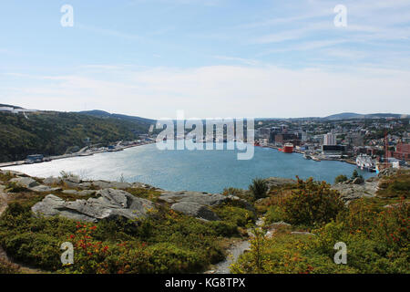 Panoramic view of St. John's Harbour, and the surrounding city, from the hiking trail on Signal Hill, St. John's, Newfoundland. Stock Photo