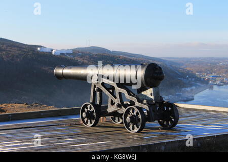 Restored Cannon on Signal Hill, facing out over the Narrows, St. John's Harbour, St. John's, Newfoundland. Stock Photo