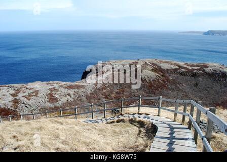 Wooden stairway on the Northhead Trail, Leading down from the top of Signal Hill, St. John's, Newfoundland Stock Photo