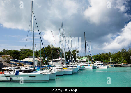 The Seychelles, La Digue, La Passe, harbour, sailing catamarans 