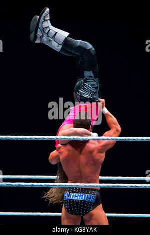 BARCELONA - NOV 4: The wrestlers Bobby Roode (aka Glorious) and Dolph Ziggler in action at WWE Live at the Palau Sant Jordi on November 4, 2017 in Bar Stock Photo