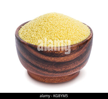 Couscous in wooden bowl isolated on white background Stock Photo