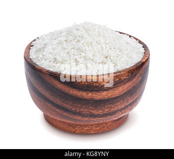 Basmati rice in wooden bowl isolated on white background Stock Photo