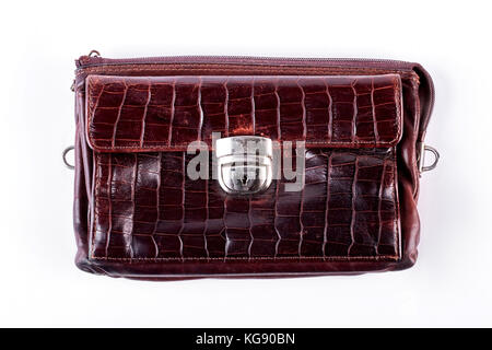 Man old brown leather bag. Stock Photo