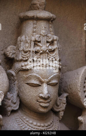 Carved idols on the inner wall of Rani ki vav, an intricately constructed stepwell on the banks of Saraswati River.  Patan, Gujarat, India. Stock Photo