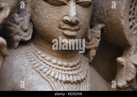 Carved idols on the inner wall of Rani ki vav, an intricately constructed stepwell on the banks of Saraswati River.  Patan, Gujarat, India. Stock Photo