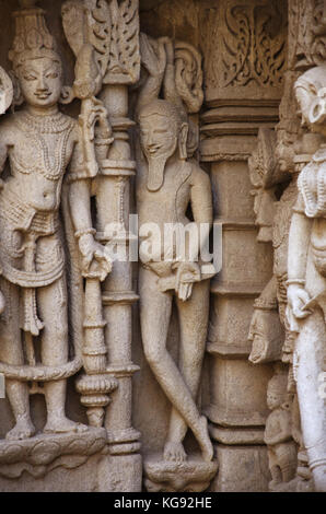 Carved idols on the inner wall of Rani ki vav, an intricately constructed stepwell on the banks of Saraswati River.  Patan, Gujarat, India. Stock Photo