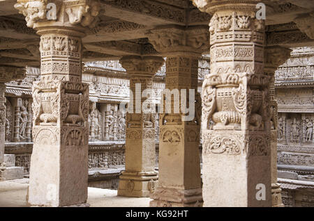 Carved idols on the inner wall of Rani ki vav, an intricately constructed stepwell on the banks of Saraswati River.  Patan, Gujarat, India. Stock Photo