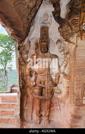 Carving details on the inner wall of Badami caves, Badami, Bagalkot, Karnataka, India Stock Photo