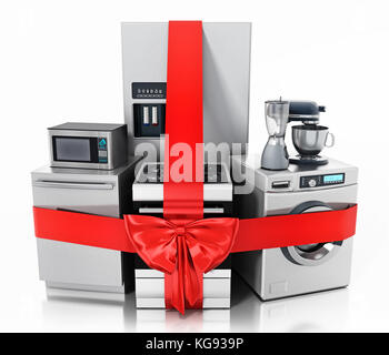 Household equipments wrapped with red ribbon. 3D illustration. Stock Photo