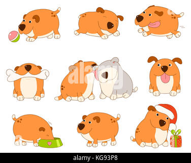 Set of cute red dog in kawaii style. Funny, happy, laughing, playing, sleeping, eating, running, with bone, with friend. EPS8 Stock Photo