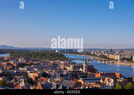 Hungary, Budapest, capital city at sunset, cityscape in direction of Margaret Island and Bridge on Danube River Stock Photo