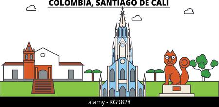 Colombia, Santiago De Cali outline skyline, columbian flat thin line icons, landmarks, illustrations. Colombia, Santiago De Cali cityscape, columbian travel city vector banner. Urban silhouette Stock Vector