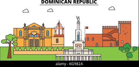 Dominican Republic outline skyline, dominican flat thin line icons, landmarks, illustrations. Dominican Republic cityscape, dominican travel city vector banner. Urban silhouette Stock Vector