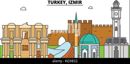 Turkey, Izmir outline skyline, turkish flat thin line icons, landmarks, illustrations. Turkey, Izmir cityscape, turkish travel city vector banner. Urban silhouette Stock Vector