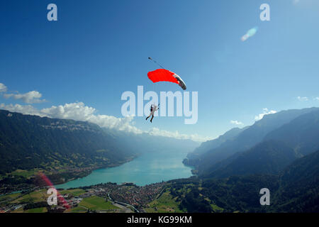 Skydiver is flying under canopy high in the sky over a beautiful lake area. Soon the jumper will land with the parachute at the dedicated landing area Stock Photo