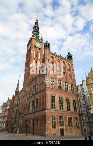 View of the Main Town Hall located at Long Market Street (Long Lane) at the Main Town (Old Town) in Gdansk, Poland. Stock Photo