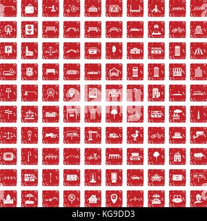 100 city icons set grunge red Stock Vector