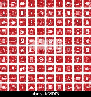 100 cleaning icons set grunge red Stock Vector
